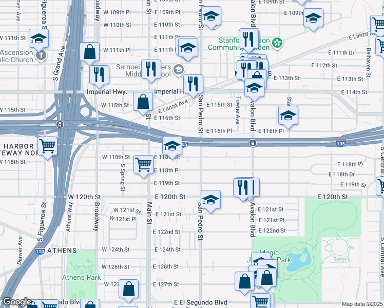 map of restaurants, bars, coffee shops, grocery stores, and more near 245 East 118th Street in Los Angeles