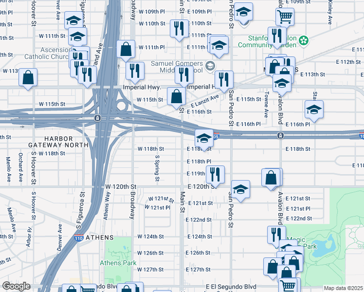 map of restaurants, bars, coffee shops, grocery stores, and more near 11714 South Main Street in Los Angeles