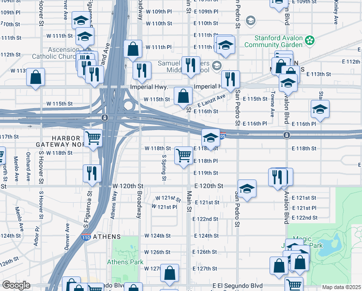 map of restaurants, bars, coffee shops, grocery stores, and more near 132 West 117th Street in Los Angeles
