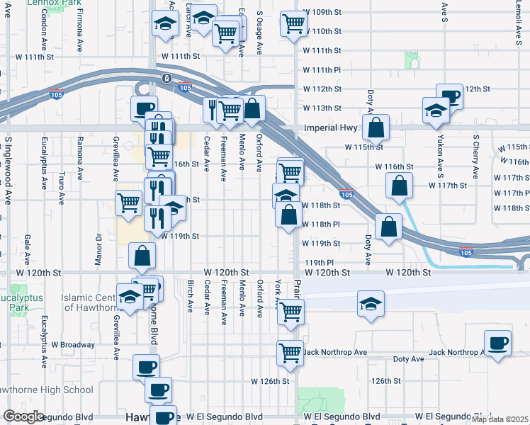 map of restaurants, bars, coffee shops, grocery stores, and more near 11818 Oxford Avenue in Hawthorne