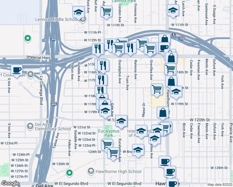 map of restaurants, bars, coffee shops, grocery stores, and more near 11819 Eucalyptus Avenue in Hawthorne