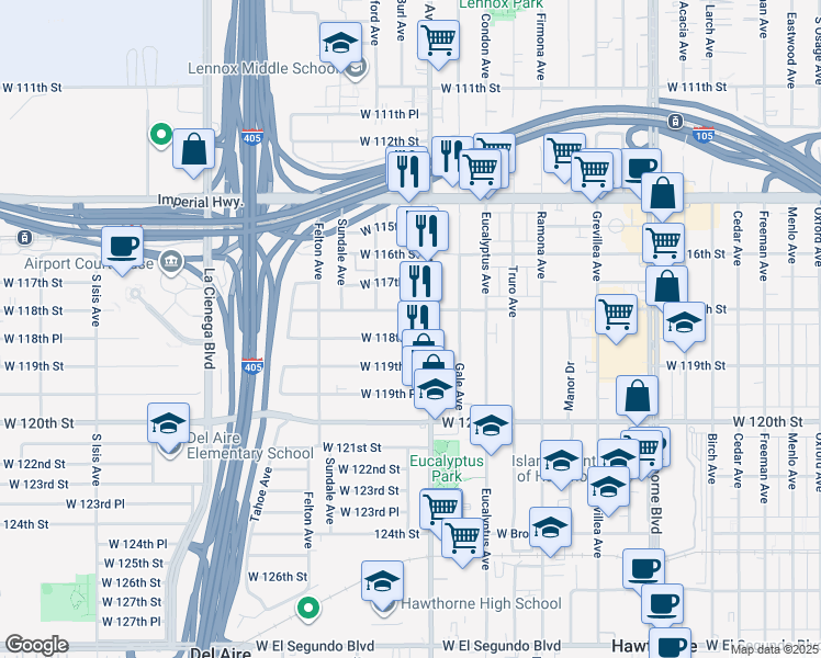 map of restaurants, bars, coffee shops, grocery stores, and more near in Hawthorne