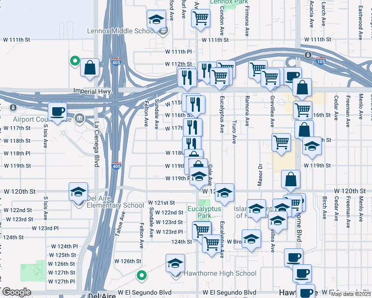 map of restaurants, bars, coffee shops, grocery stores, and more near in Hawthorne