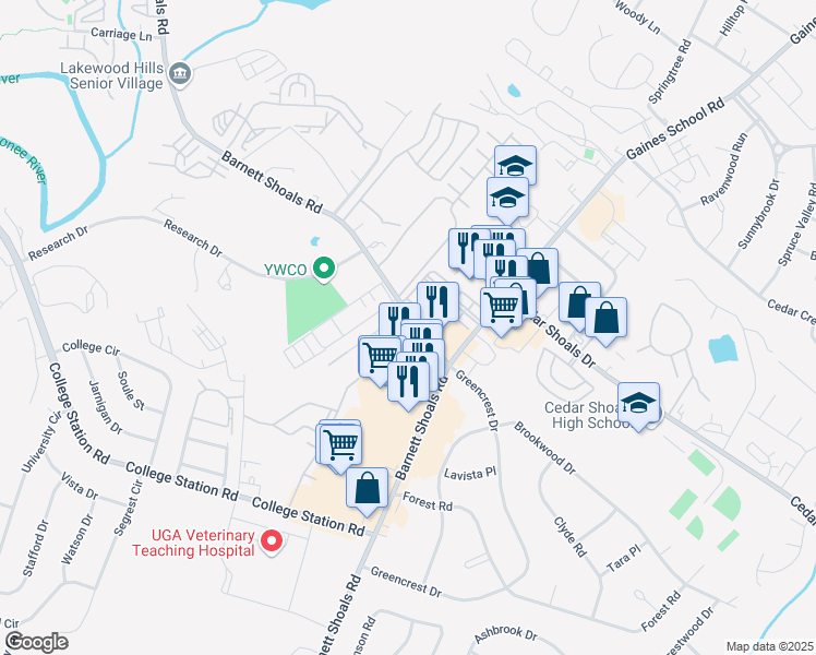 map of restaurants, bars, coffee shops, grocery stores, and more near 1684 South Barnett Shoals Road in Athens