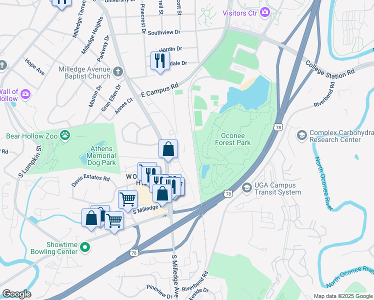 map of restaurants, bars, coffee shops, grocery stores, and more near 210 Rogers Road in Athens