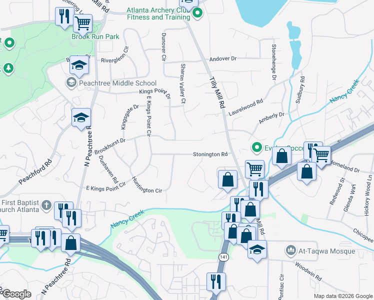 map of restaurants, bars, coffee shops, grocery stores, and more near 2462 Stonington Road in Dunwoody