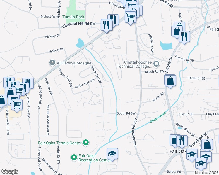 map of restaurants, bars, coffee shops, grocery stores, and more near 296 Burns Court Southwest in Marietta