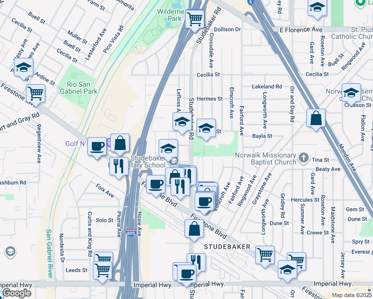 map of restaurants, bars, coffee shops, grocery stores, and more near 11609 Studebaker Road in Norwalk