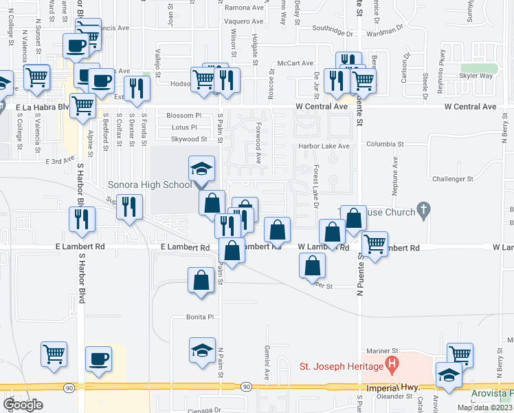 map of restaurants, bars, coffee shops, grocery stores, and more near 551 Lake Grove Way in La Habra