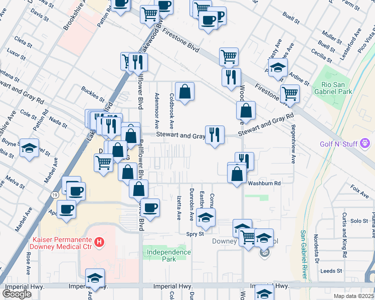map of restaurants, bars, coffee shops, grocery stores, and more near 9353 Elm Vista Drive in Downey