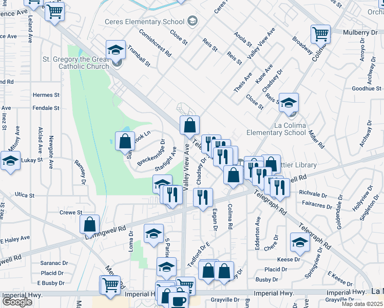 map of restaurants, bars, coffee shops, grocery stores, and more near 14209 Syracuse Street in Whittier