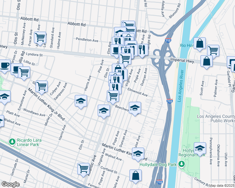 map of restaurants, bars, coffee shops, grocery stores, and more near 11124 Atlantic Avenue in Lynwood