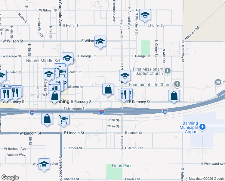map of restaurants, bars, coffee shops, grocery stores, and more near 720 East Williams Street in Banning