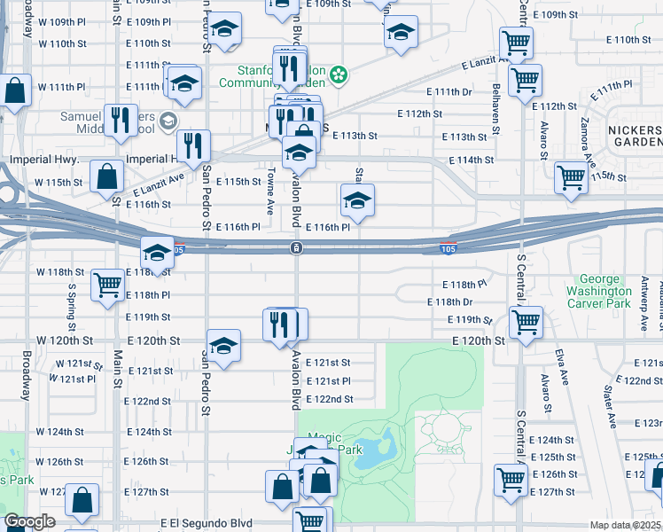 map of restaurants, bars, coffee shops, grocery stores, and more near 645 East 118th Street in Los Angeles