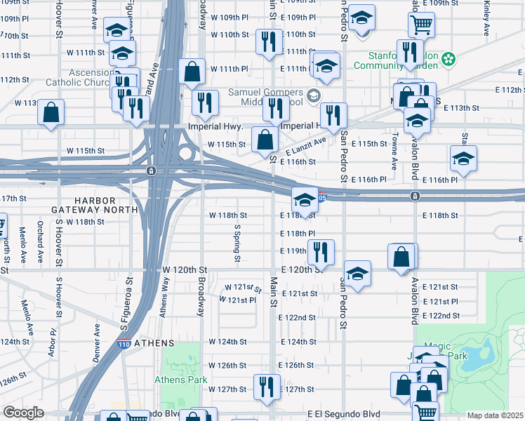 map of restaurants, bars, coffee shops, grocery stores, and more near 132 West 117th Street in Los Angeles