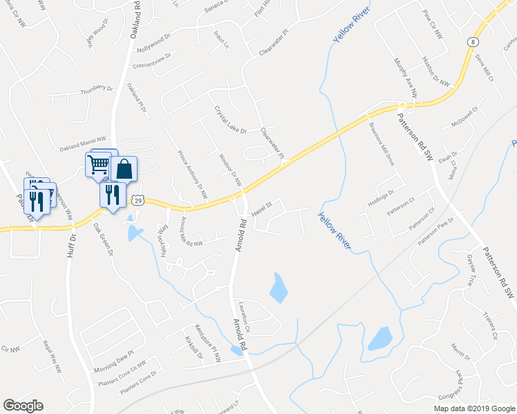 map of restaurants, bars, coffee shops, grocery stores, and more near 2149 Hasel Street in Lawrenceville