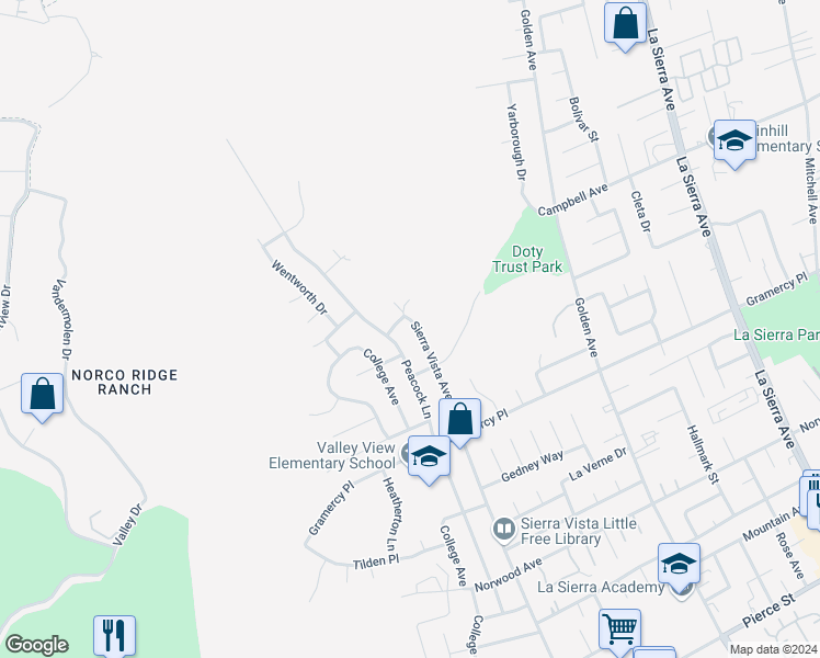 map of restaurants, bars, coffee shops, grocery stores, and more near 5436 Sierra Vista Avenue in Riverside