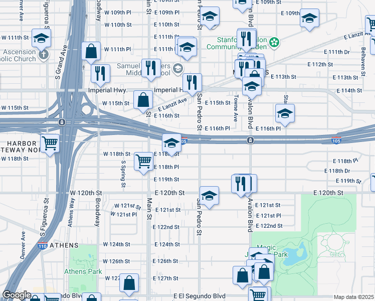 map of restaurants, bars, coffee shops, grocery stores, and more near 233 East 118th Street in Los Angeles