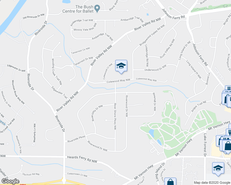 map of restaurants, bars, coffee shops, grocery stores, and more near 200 Riverhill Drive Northwest in Atlanta