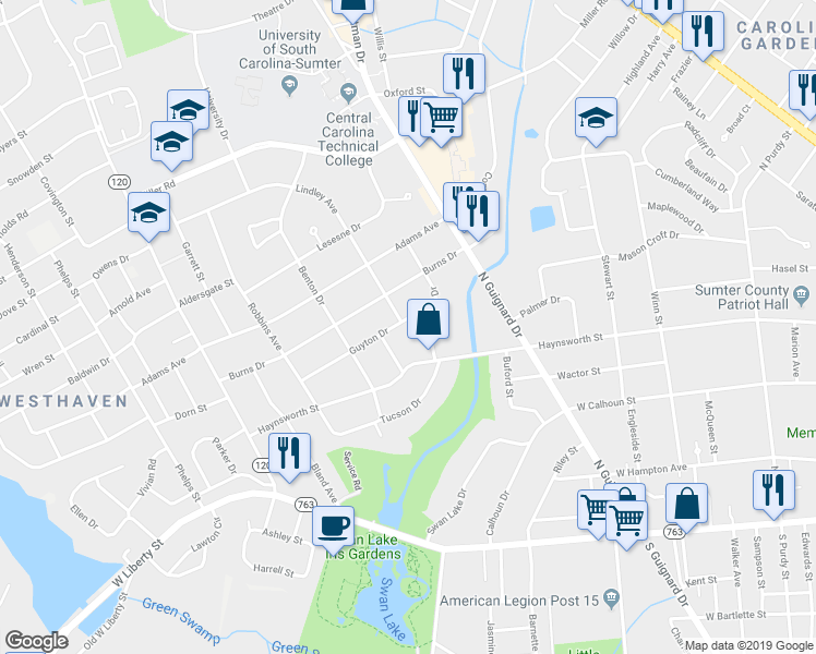 map of restaurants, bars, coffee shops, grocery stores, and more near 18 Guyton Drive in Sumter