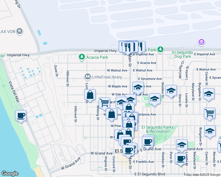map of restaurants, bars, coffee shops, grocery stores, and more near 317 West Maple Avenue in El Segundo