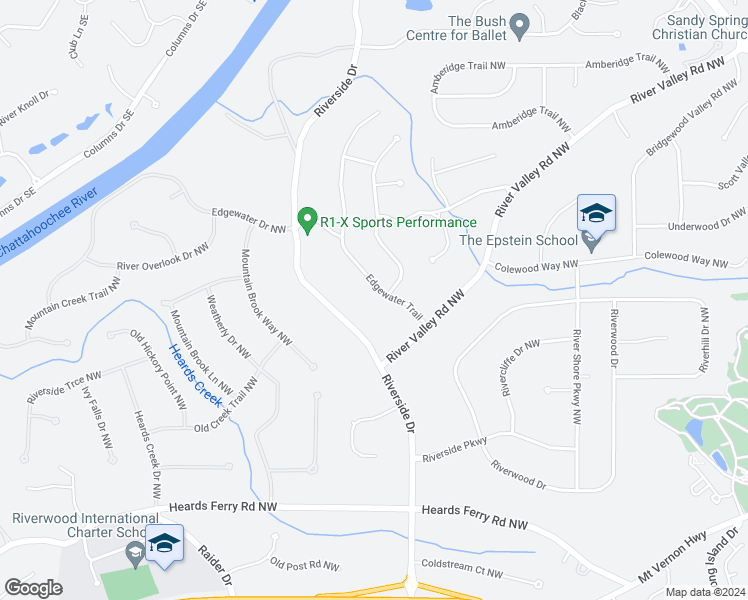 map of restaurants, bars, coffee shops, grocery stores, and more near 640 Edgewater Trail in Atlanta