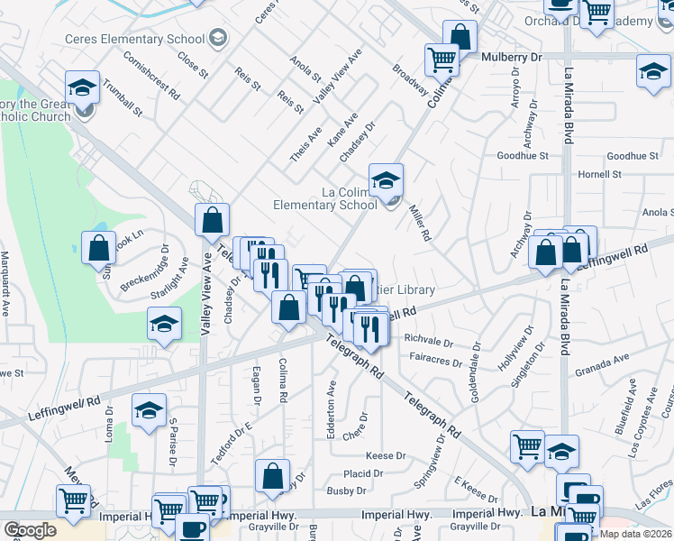 map of restaurants, bars, coffee shops, grocery stores, and more near 14603 Poulter Drive in Whittier