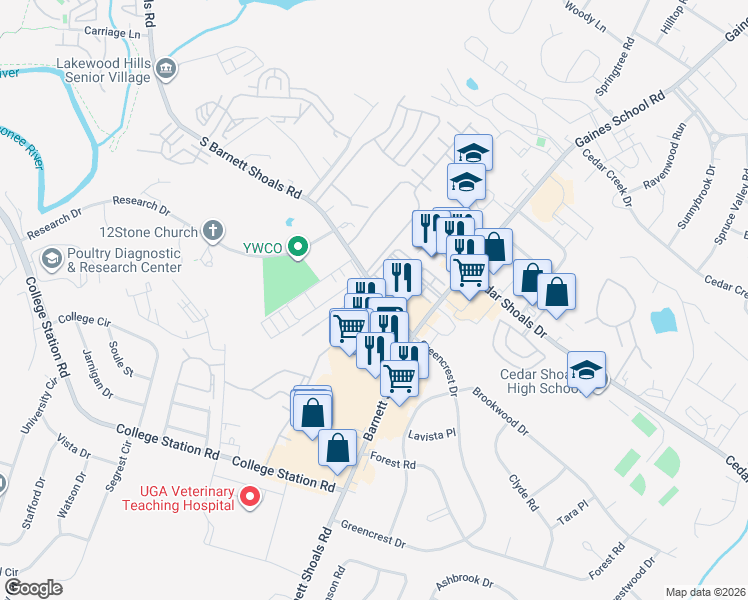 map of restaurants, bars, coffee shops, grocery stores, and more near 1684 South Barnett Shoals Road in Athens