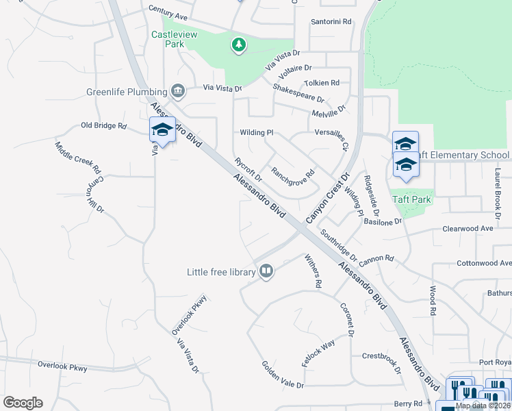 map of restaurants, bars, coffee shops, grocery stores, and more near 6910 Sandtrack Road in Riverside
