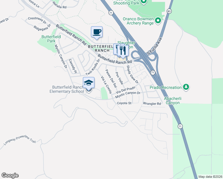 map of restaurants, bars, coffee shops, grocery stores, and more near 18003 Vía La Cresta in Chino Hills