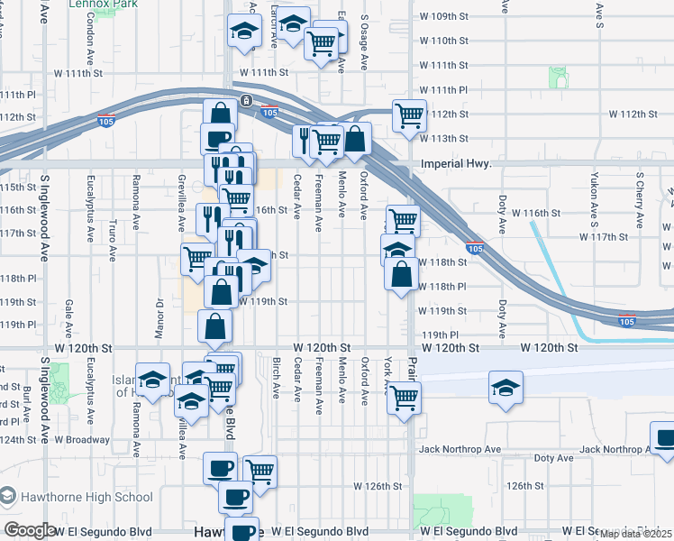 map of restaurants, bars, coffee shops, grocery stores, and more near 11825 Menlo Avenue in Hawthorne