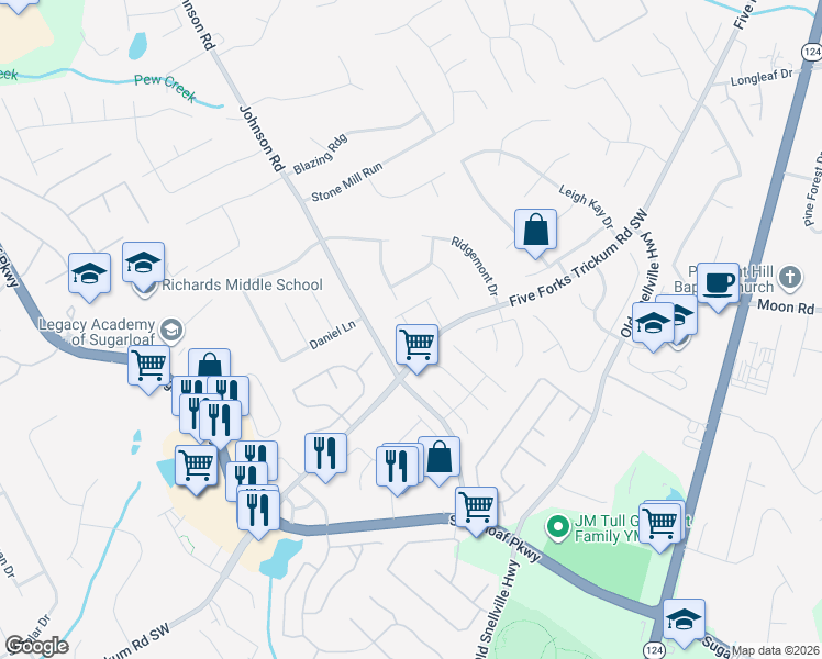 map of restaurants, bars, coffee shops, grocery stores, and more near 422 Highgate Place in Lawrenceville