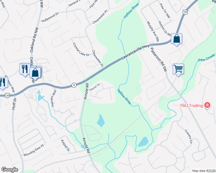 map of restaurants, bars, coffee shops, grocery stores, and more near 2003 Burns View Lane Southwest in Lawrenceville