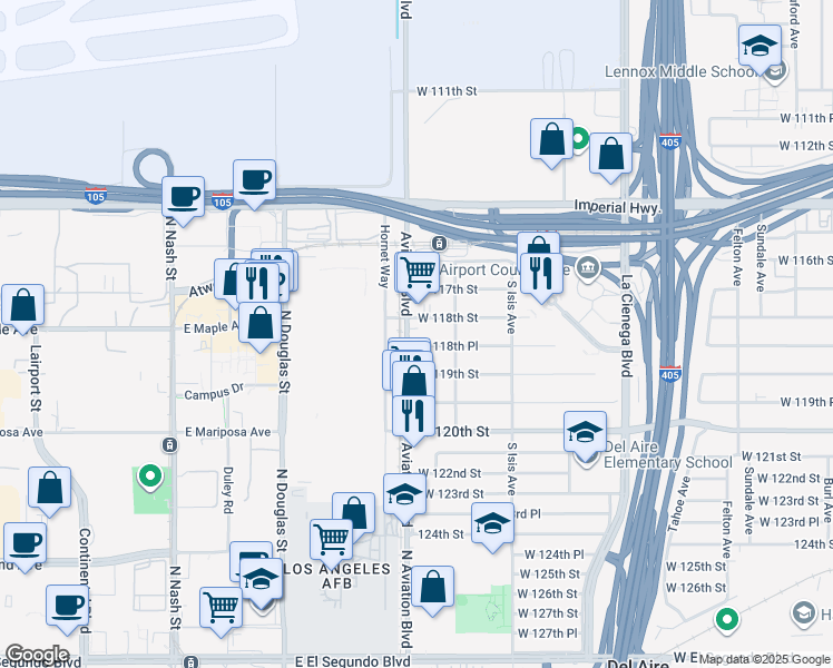 map of restaurants, bars, coffee shops, grocery stores, and more near 11814 Aviation Blvd in Inglewood