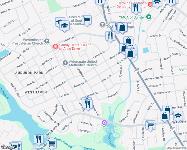 map of restaurants, bars, coffee shops, grocery stores, and more near 208 Adams Avenue in Sumter