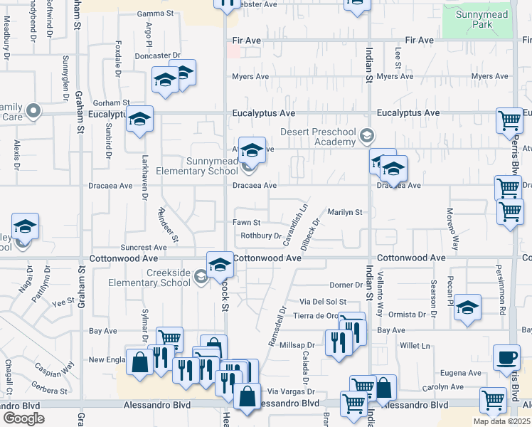 map of restaurants, bars, coffee shops, grocery stores, and more near 24155 Aylesbury Drive in Moreno Valley