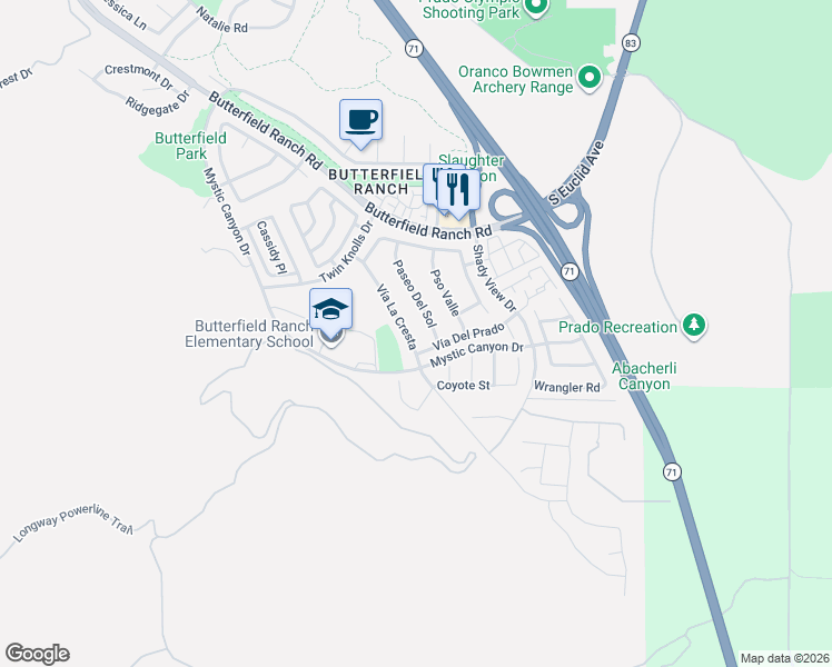 map of restaurants, bars, coffee shops, grocery stores, and more near 18003 Vía La Cresta in Chino Hills