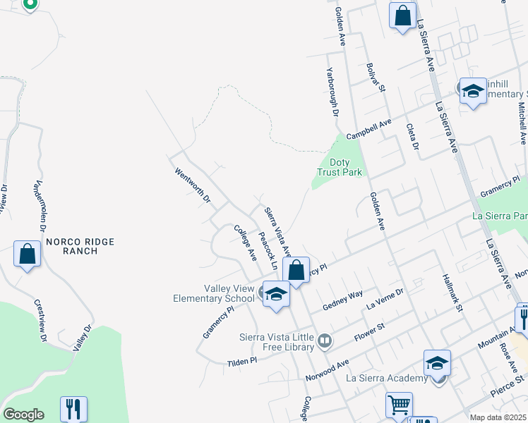 map of restaurants, bars, coffee shops, grocery stores, and more near 5436 Sierra Vista Avenue in Riverside