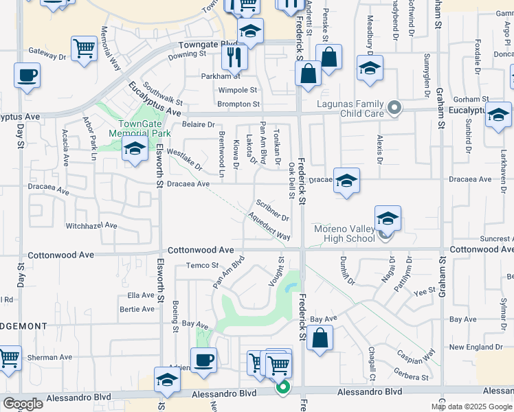 map of restaurants, bars, coffee shops, grocery stores, and more near 22843 Scribner Drive in Moreno Valley