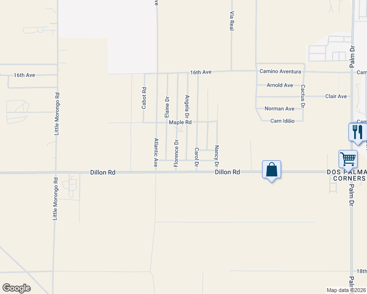 map of restaurants, bars, coffee shops, grocery stores, and more near 16703 Florence Drive in Desert Hot Springs