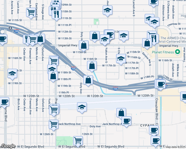 map of restaurants, bars, coffee shops, grocery stores, and more near 3716 West 118th Street in Hawthorne