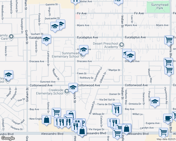map of restaurants, bars, coffee shops, grocery stores, and more near 24155 Aylesbury Drive in Moreno Valley