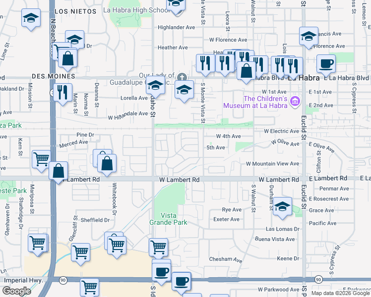 map of restaurants, bars, coffee shops, grocery stores, and more near 1000 West Lambert Road in La Habra