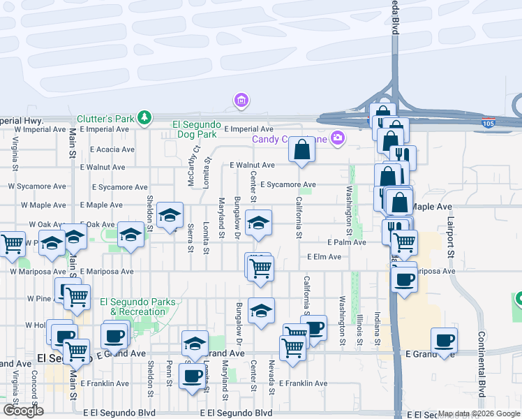 map of restaurants, bars, coffee shops, grocery stores, and more near 1204 East Maple Avenue in El Segundo