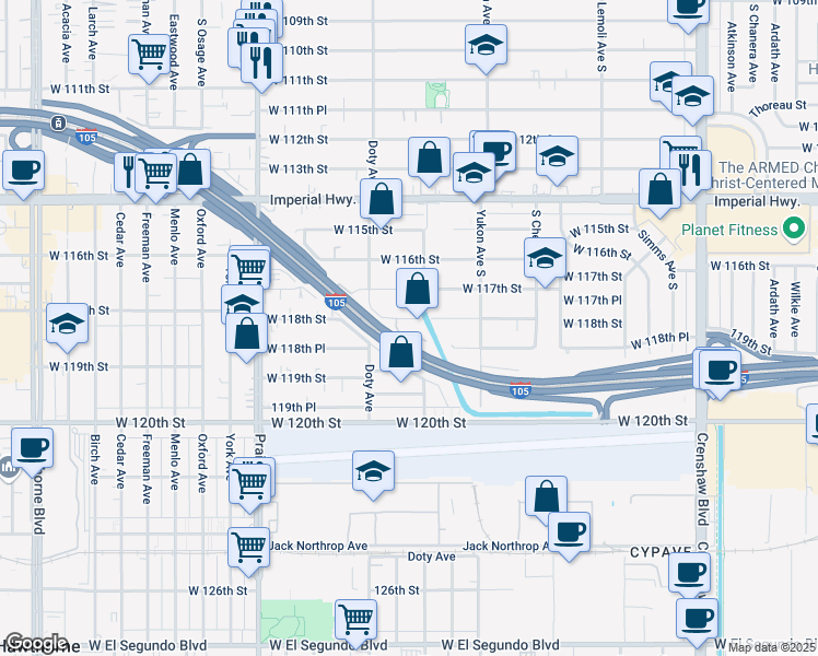 map of restaurants, bars, coffee shops, grocery stores, and more near 3716 West 118th Street in Hawthorne
