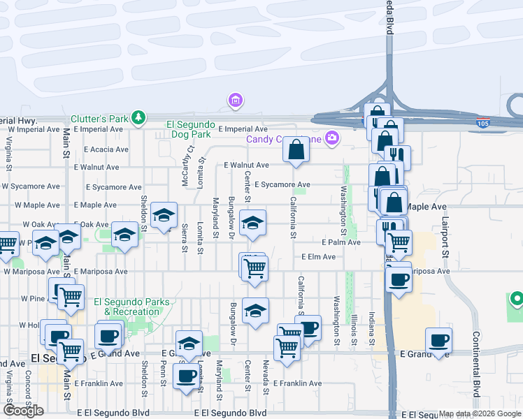 map of restaurants, bars, coffee shops, grocery stores, and more near 1204 East Maple Avenue in El Segundo