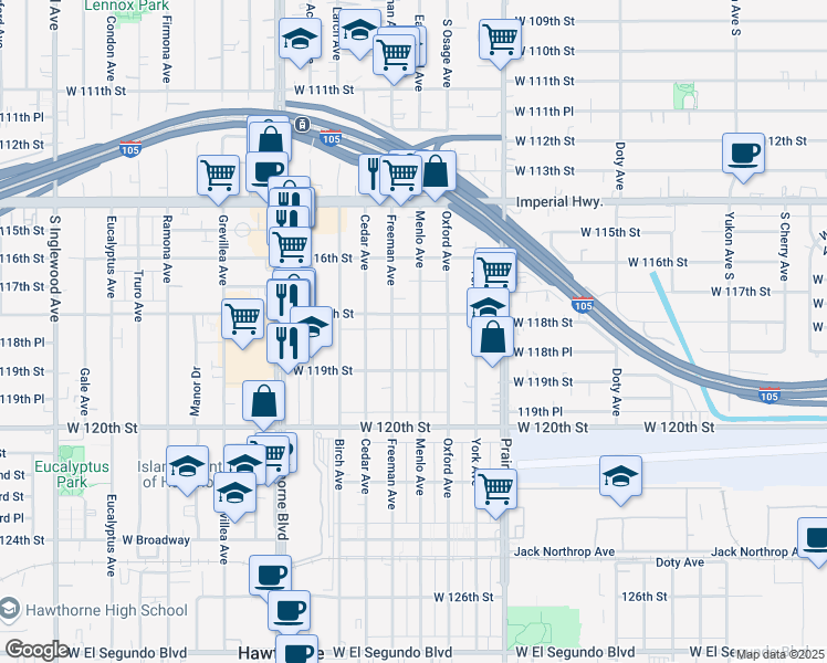 map of restaurants, bars, coffee shops, grocery stores, and more near 11825 Menlo Avenue in Hawthorne