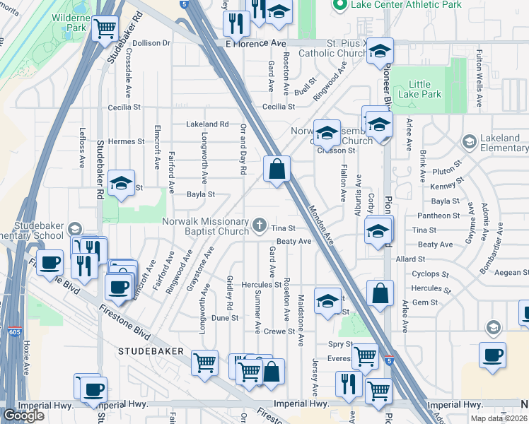 map of restaurants, bars, coffee shops, grocery stores, and more near 11446 Esther Street in Norwalk