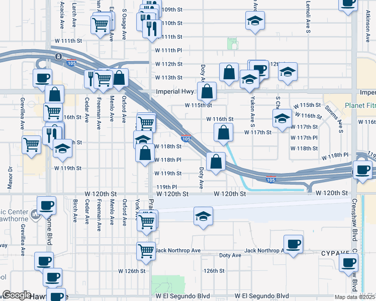 map of restaurants, bars, coffee shops, grocery stores, and more near 3830 West 118th Street in Hawthorne