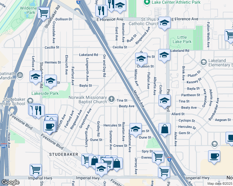 map of restaurants, bars, coffee shops, grocery stores, and more near 11446 Esther Street in Norwalk